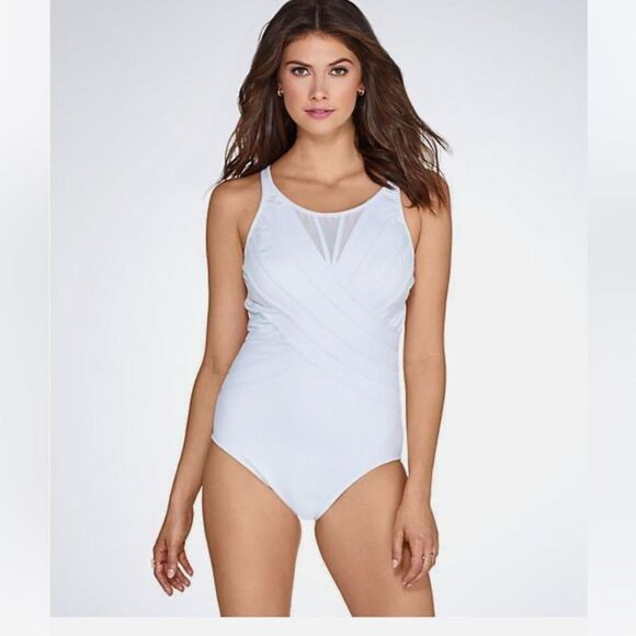 MIRACLESUIT MIRACLE SWIM SUIT WHITE BAND-IT HIGH NECK SWIMMING BATHING COSTUME - Picture 1 of 10